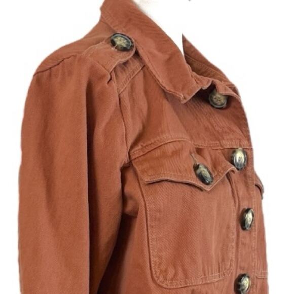 Free People Denim Jean Jacket Button Front Terracotta Orange Women’s Size Medium - Picture 7 of 13